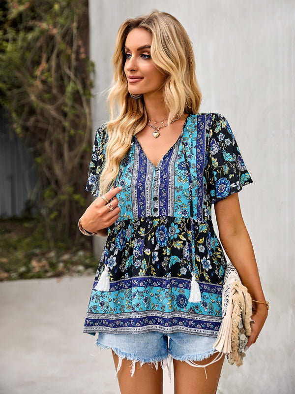 Bohemian Print Casual Resort Style Short Sleeve Ladies Top