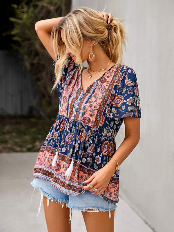 Bohemian Print Casual Resort Style Short Sleeve Ladies Top