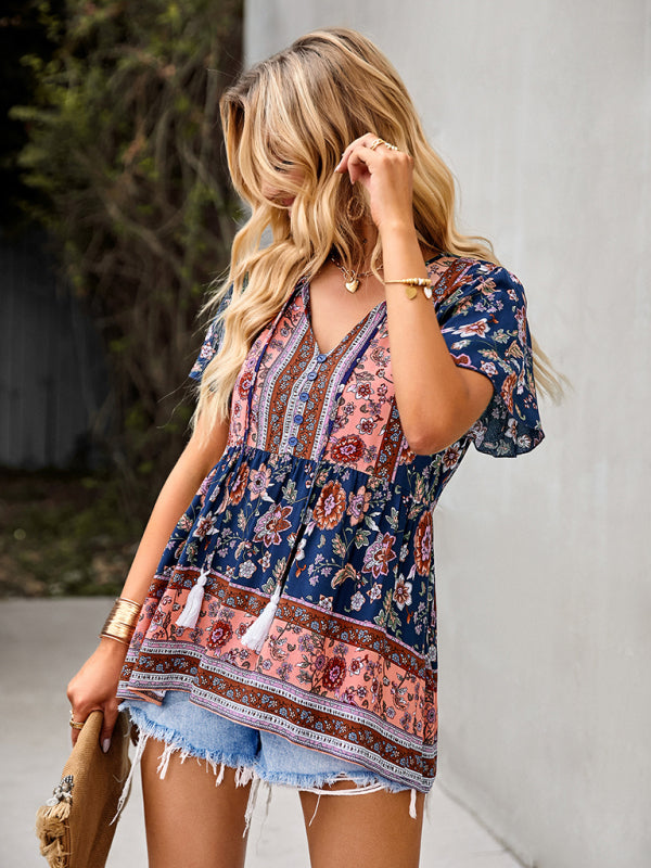 Bohemian Print Casual Resort Style Short Sleeve Ladies Top