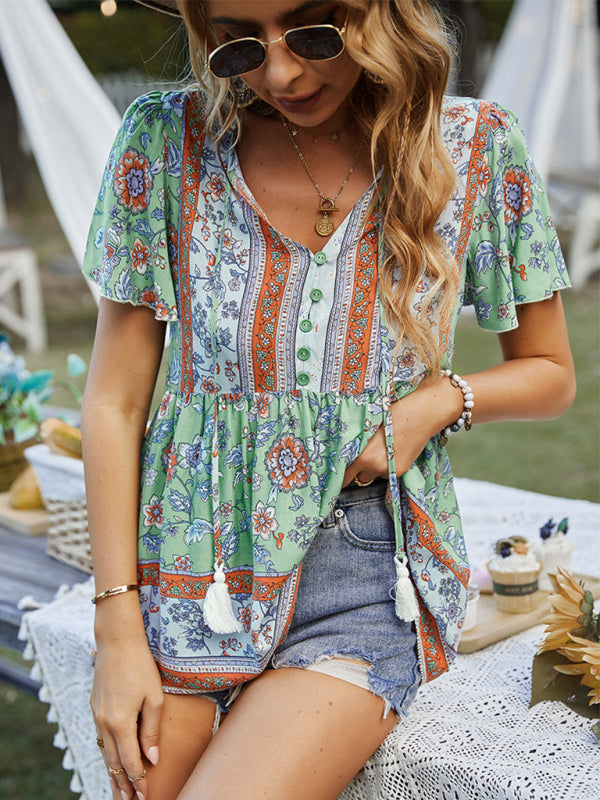 Bohemian Print Casual Resort Style Short Sleeve Ladies Top