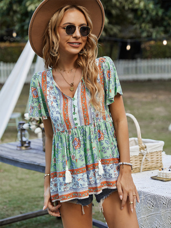 Bohemian Print Casual Resort Style Short Sleeve Ladies Top