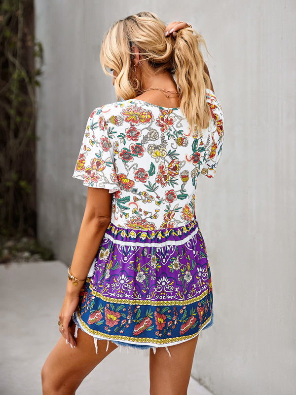 Bohemian Print Casual Resort Style Short Sleeve Ladies Top