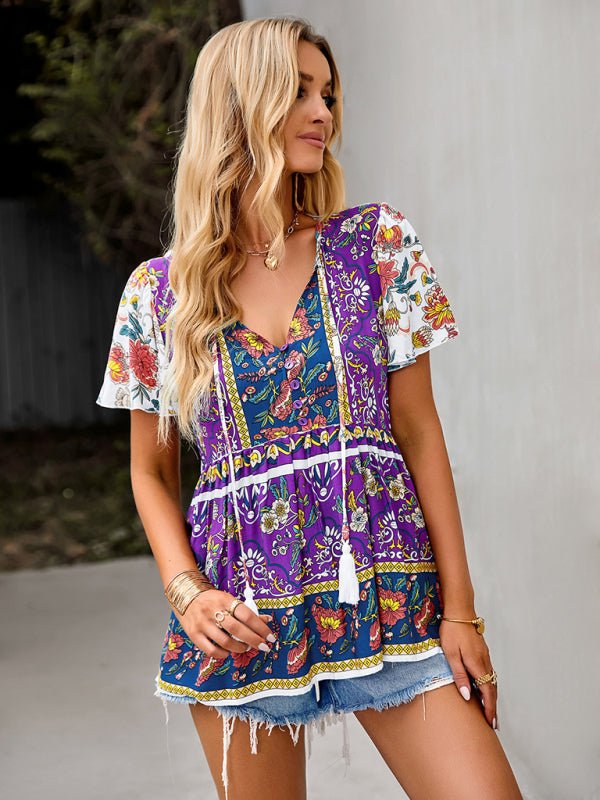 Bohemian Print Casual Resort Style Short Sleeve Ladies Top