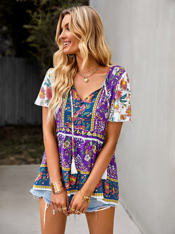 Bohemian Print Casual Resort Style Short Sleeve Ladies Top