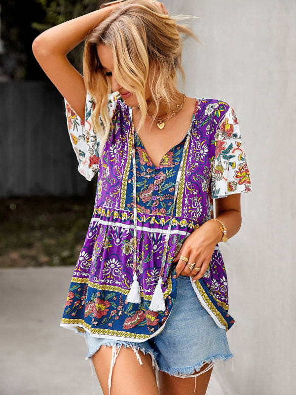 Bohemian Print Casual Resort Style Short Sleeve Ladies Top