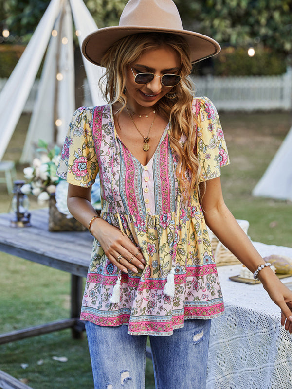 Bohemian Print Casual Resort Style Short Sleeve Ladies Top