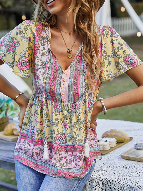 Bohemian Print Casual Resort Style Short Sleeve Ladies Top