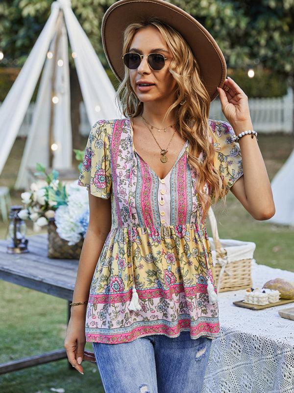 Bohemian Print Casual Resort Style Short Sleeve Ladies Top