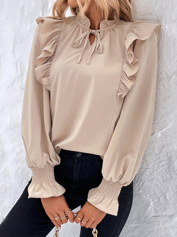 women's ruffled tie long sleeve blouse