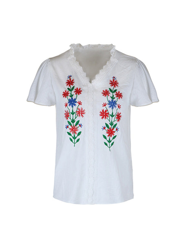 New solid color short sleeve embroidered shirt