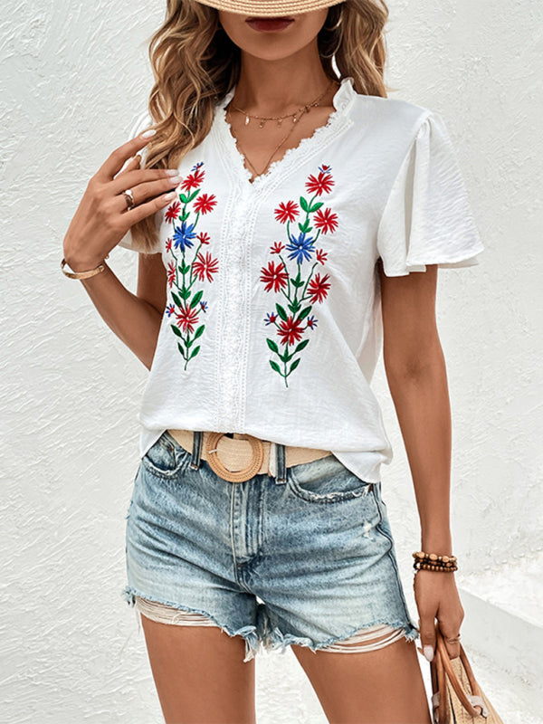 New solid color short sleeve embroidered shirt