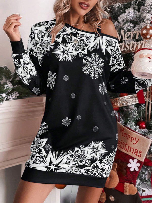 Women's Christmas printed off-shoulder autumn and winter dress