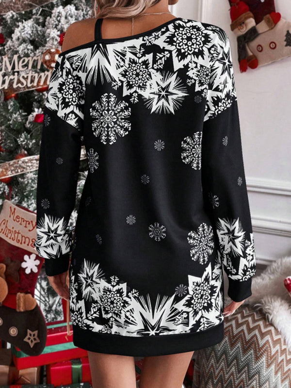 Women's Christmas printed off-shoulder autumn and winter dress