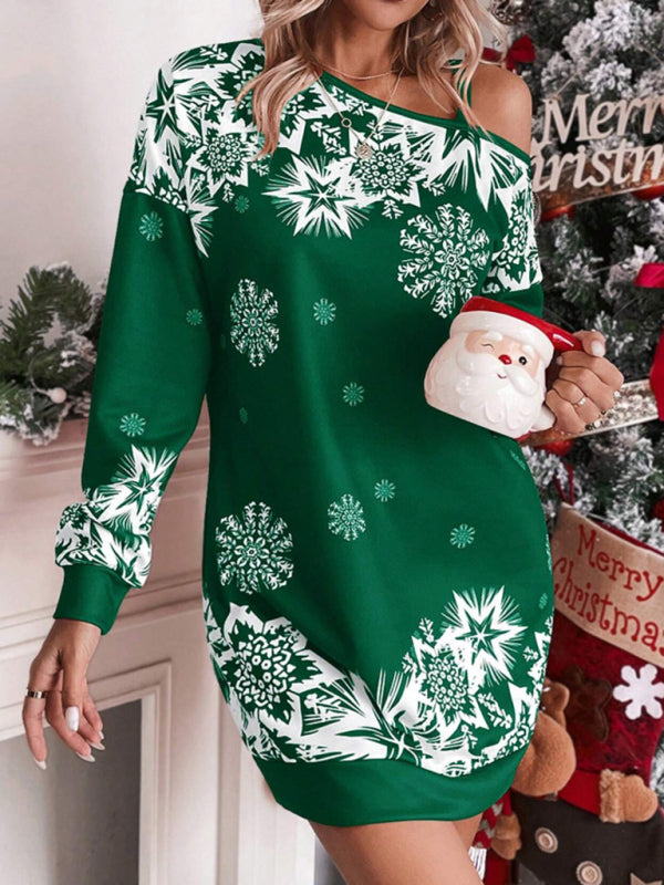 Women's Christmas printed off-shoulder autumn and winter dress