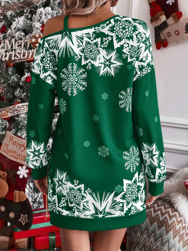 Women's Christmas printed off-shoulder autumn and winter dress