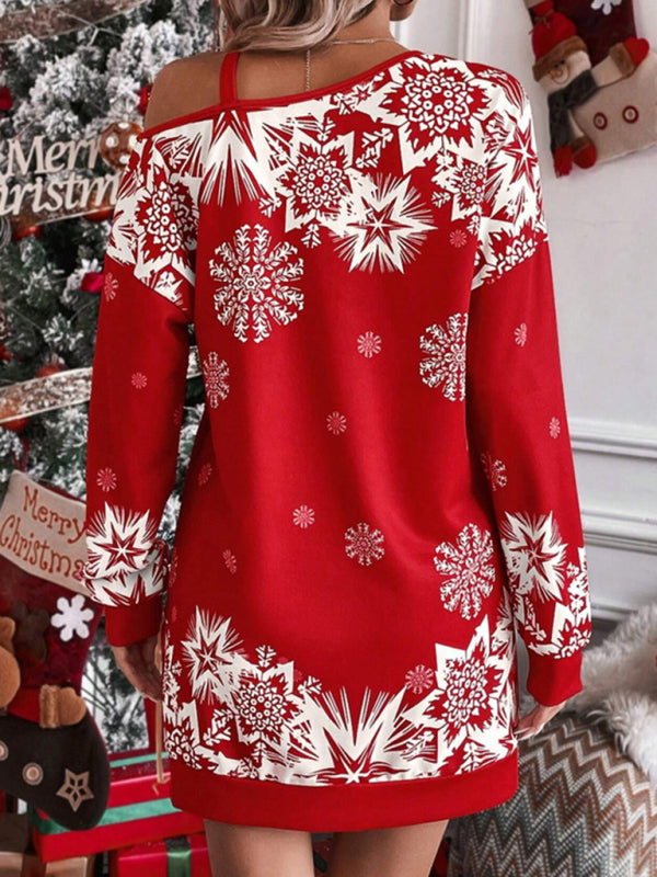 Women's Christmas printed off-shoulder autumn and winter dress