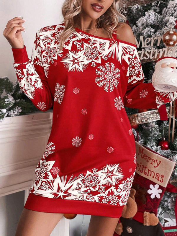 Women's Christmas printed off-shoulder autumn and winter dress