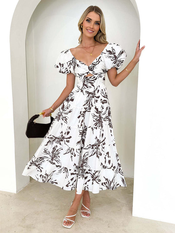 Women's Slim Fit Printed Puff Sleeve Swing Dress