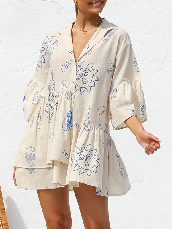 New comfortable and simple trumpet sleeve ethnic style loose shirt short dress