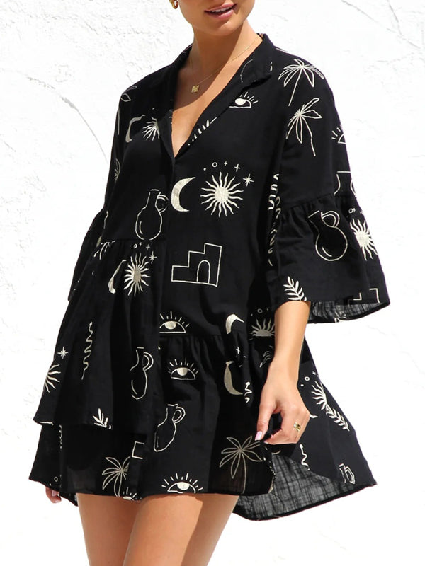 New comfortable and simple trumpet sleeve ethnic style loose shirt short dress