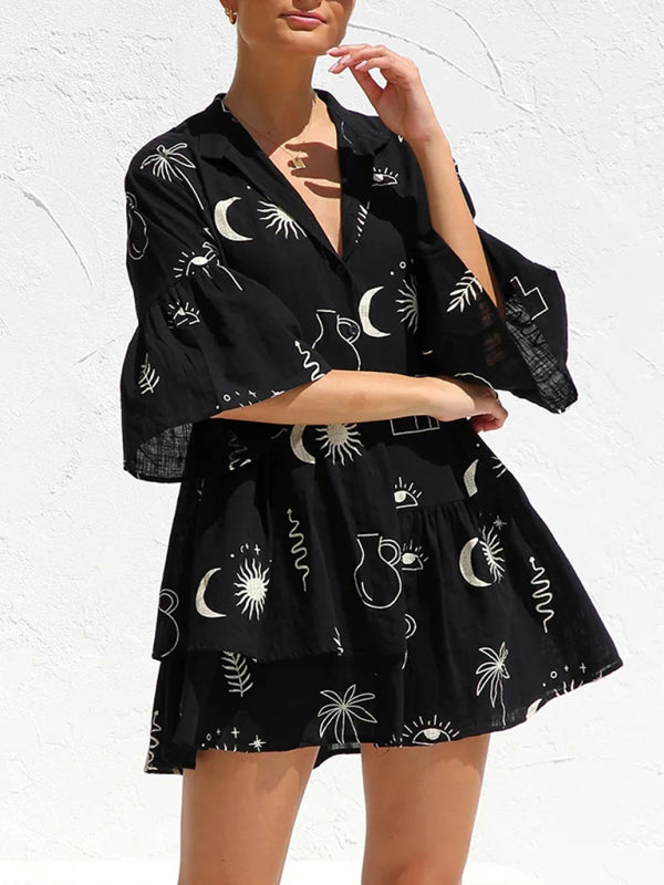 New comfortable and simple trumpet sleeve ethnic style loose shirt short dress