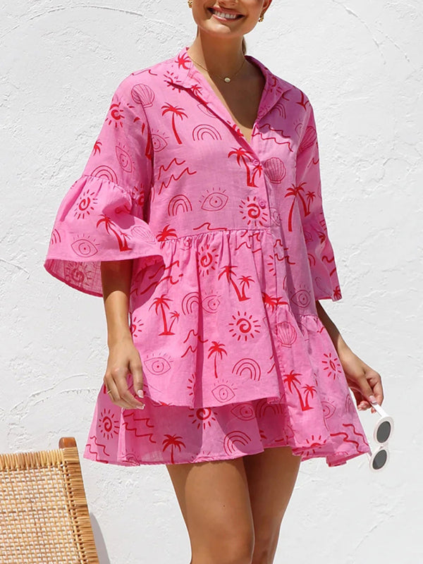 New comfortable and simple trumpet sleeve ethnic style loose shirt short dress