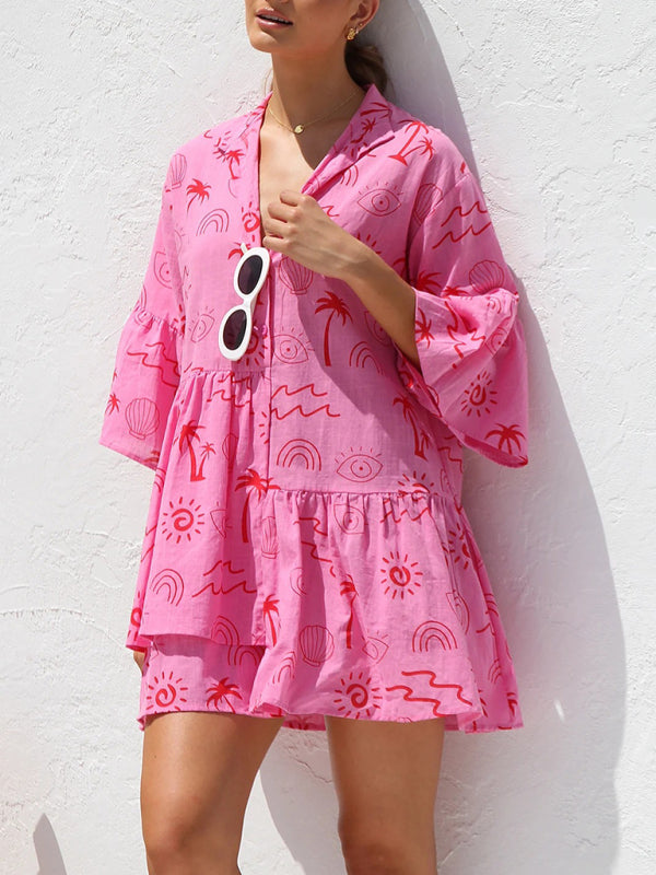 New comfortable and simple trumpet sleeve ethnic style loose shirt short dress