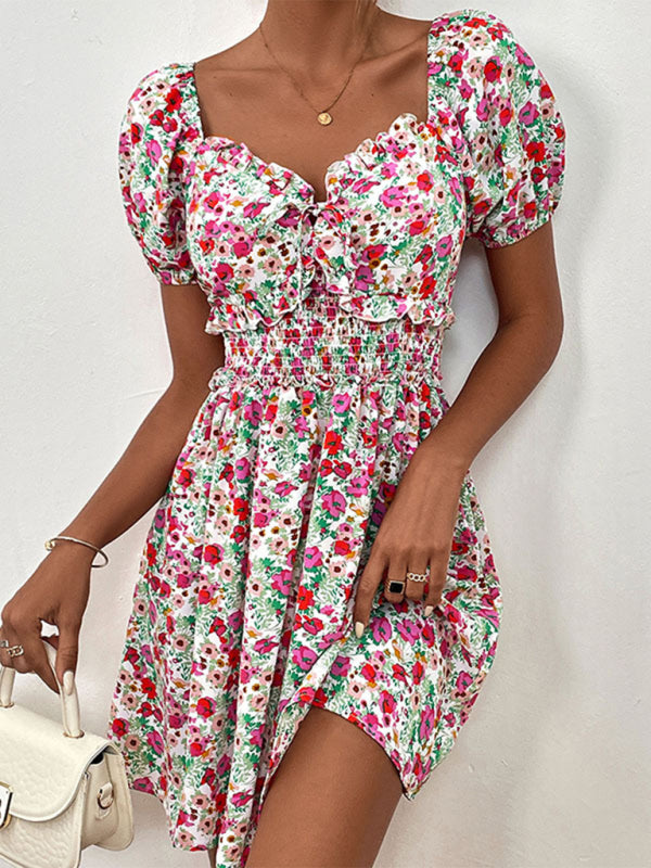 Women's New High Waist Puff Sleeve Floral Dress