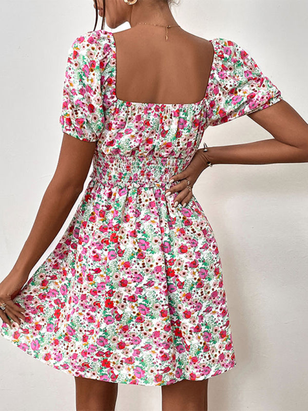 Women's New High Waist Puff Sleeve Floral Dress