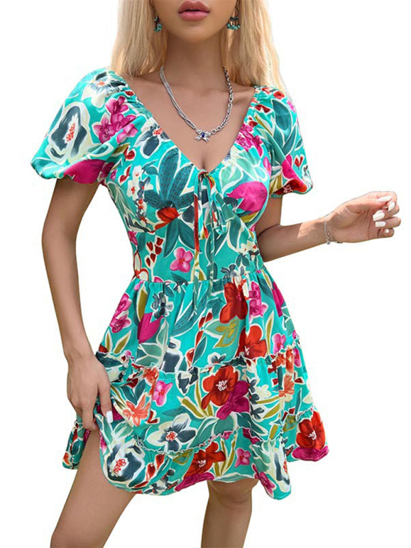 Women's ruffled V-neck smocked printed dress