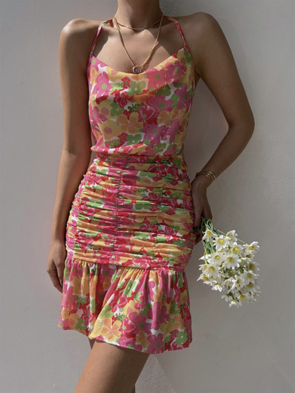 Ladies new floral print hip strap dress