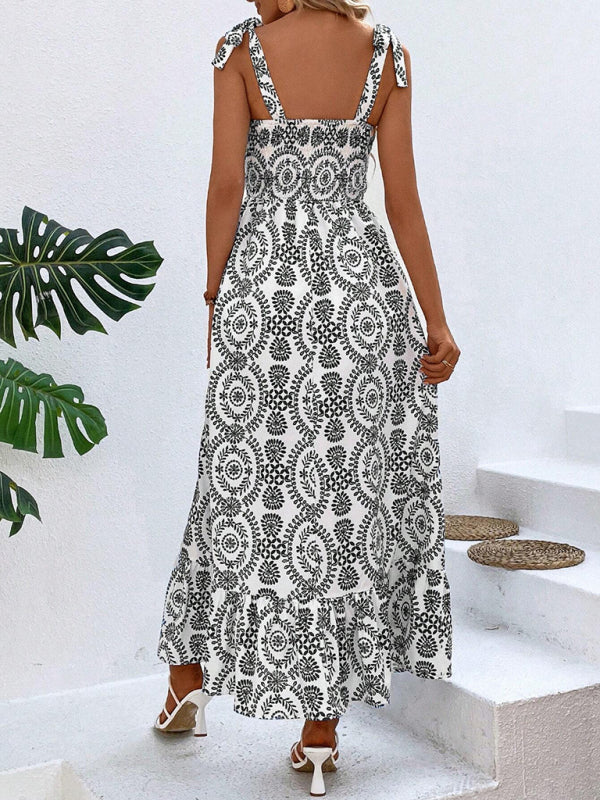 Women's new summer fashionable strap printed sleeveless slit long dress