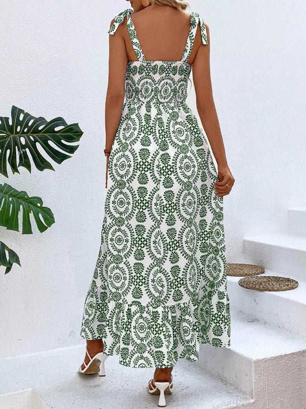 Women's new summer fashionable strap printed sleeveless slit long dress