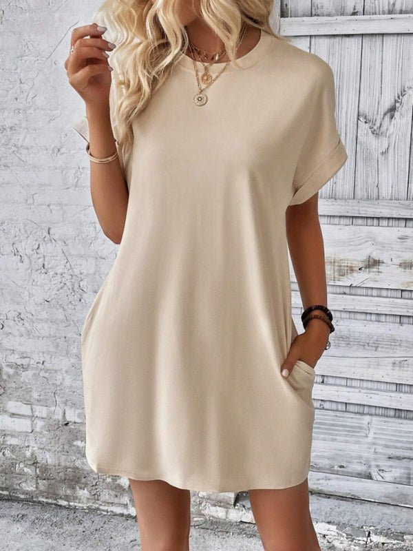 New spring and summer solid color round neck loose short sleeve pocket dress