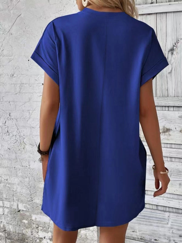 New spring and summer solid color round neck loose short sleeve pocket dress