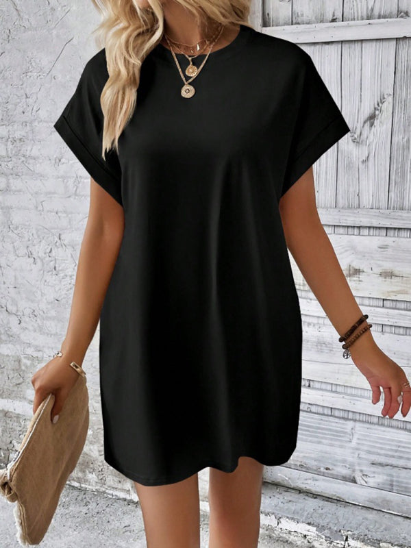 New spring and summer solid color round neck loose short sleeve pocket dress