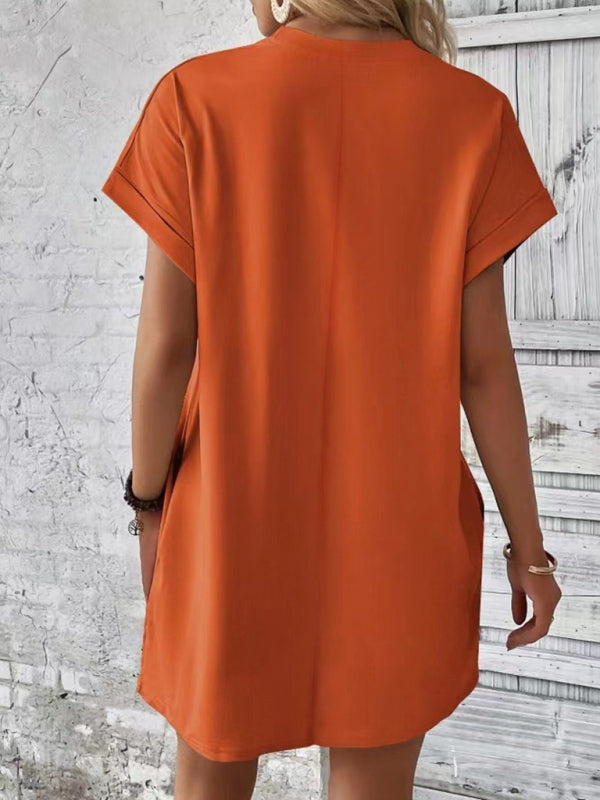 New spring and summer solid color round neck loose short sleeve pocket dress