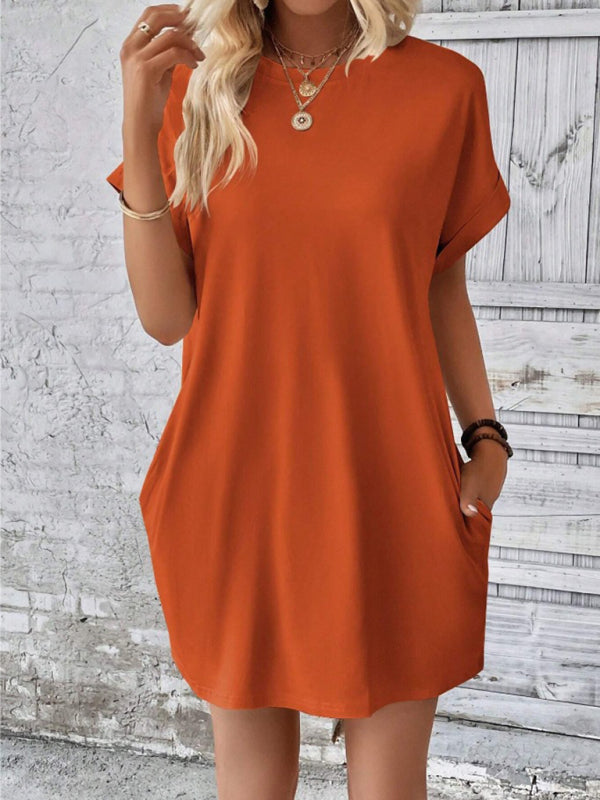 New spring and summer solid color round neck loose short sleeve pocket dress