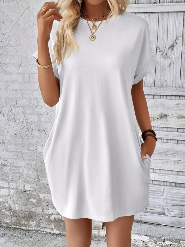 New spring and summer solid color round neck loose short sleeve pocket dress