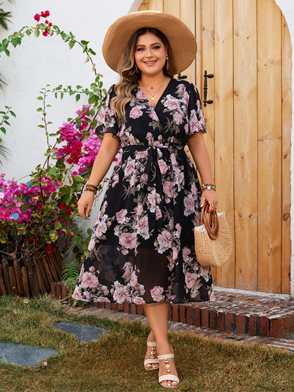 Plus size women's V-neck fluttering sleeves waisted floral floral dress