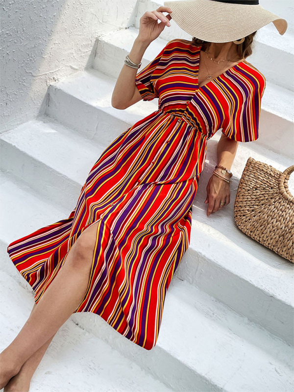 Women's New Colorful Striped Casual V-Neck Button High Waist Dress