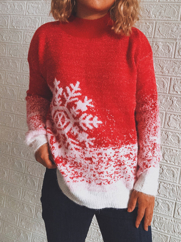 Women's Half Turtleneck Long Sleeve Snowflake Colorblock Knit Christmas Sweater Sweater