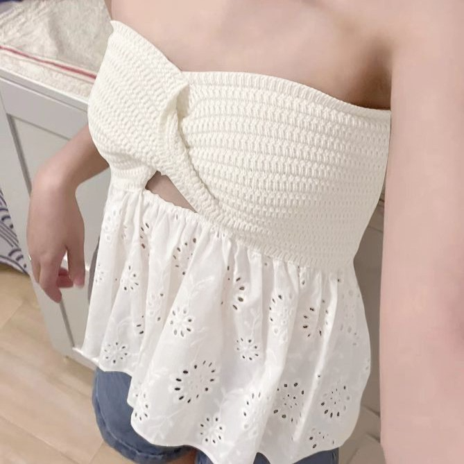 Fashionable casual knitted embroidered stitching holiday sexy tube top top